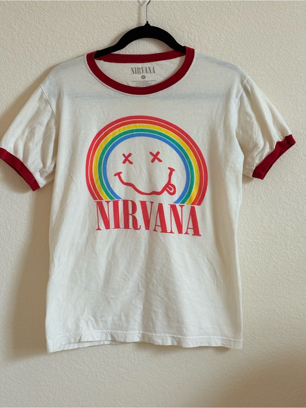 Nirvana Rainbow Smiley Ringer Tee White Red Trim Grunge Band Shirt Small